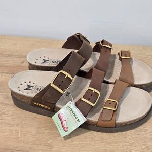 Mephisto Hyacinta Womens Sandals Size 8/38 NEW 3 Brown Tone Straps Gold Buckles